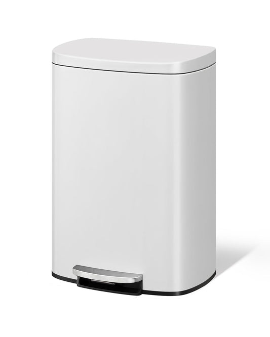 Garvee 13 Gallon / 50 Liter Metal Kitchen Trash Can with Lid, Large Rustproof Garbage Can for Kitchen, Step-on Trash Bin with Inner Bucket, Rear Handle, Soft Close Lid, White