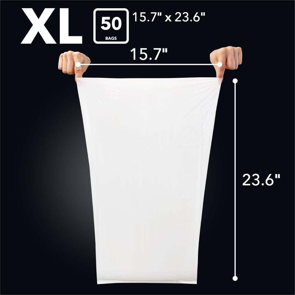BOS Odor-Sealing Kitchen, Home & Food Small Trash Bags for Waste- Disposable Bags - Scent & Smell Free (50 Bags) [Size XL, Color White]