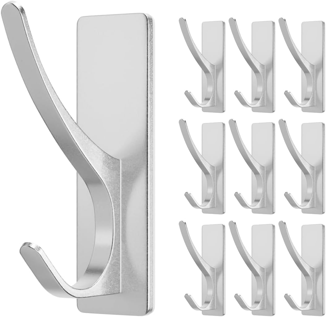Self-Adhesive Coat Hooks for Hanging - Heavy Duty Stainless Double Wall Hook for Towel, Backpack, Hat, Sturdy Metal Hanger for Bathroom, Bedroom, Door, Wall Mounted, 10-Pack, Silver