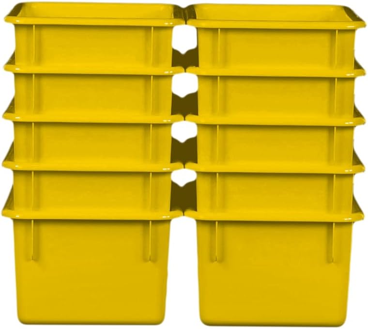 Wood Designs Cubby Storage Bin, Heavy Duty Plastic Containers for Kids Yellow Cubby Tray Set of 10