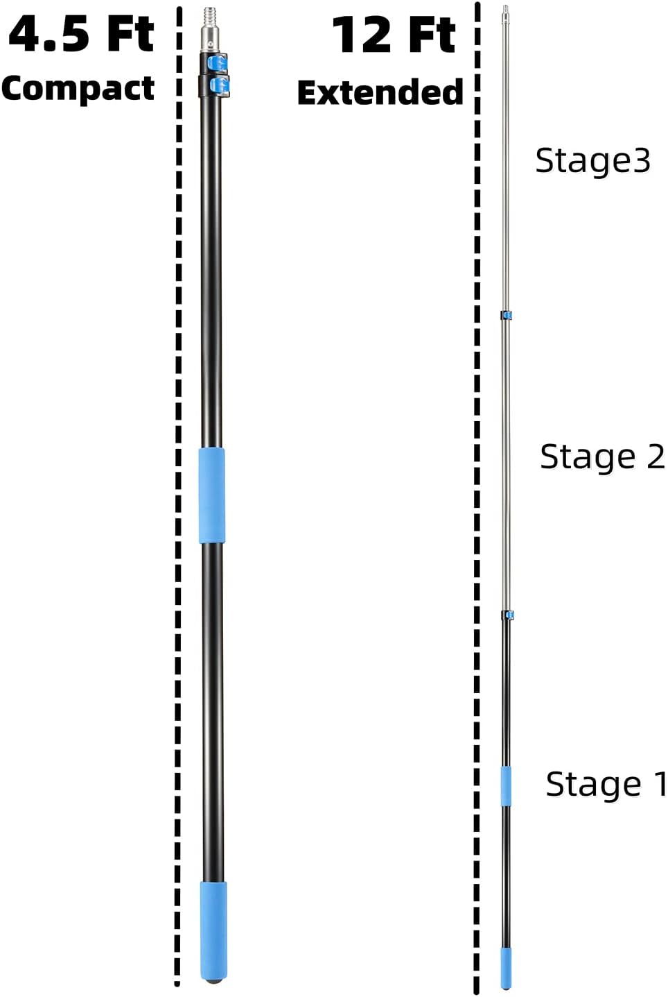 20 Foot High Ceiling Fan Duster with 5-12 Foot Extension Pole, Extendable Reusable Cobweb, Feather, Window Cleaning Squeegee Kit Blue