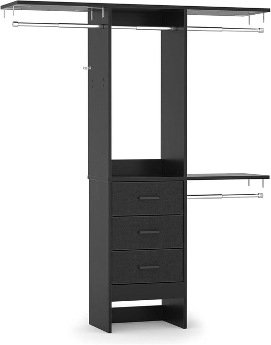4FT Small Closet System with 3 Fabric Drawers, 48'' Closet Organizer System With 3 Adjustable Shelves, Flexible Built-In Clothes Garment Rack for Small Space, 48" L x 13" W x 71" H, Dark Black
