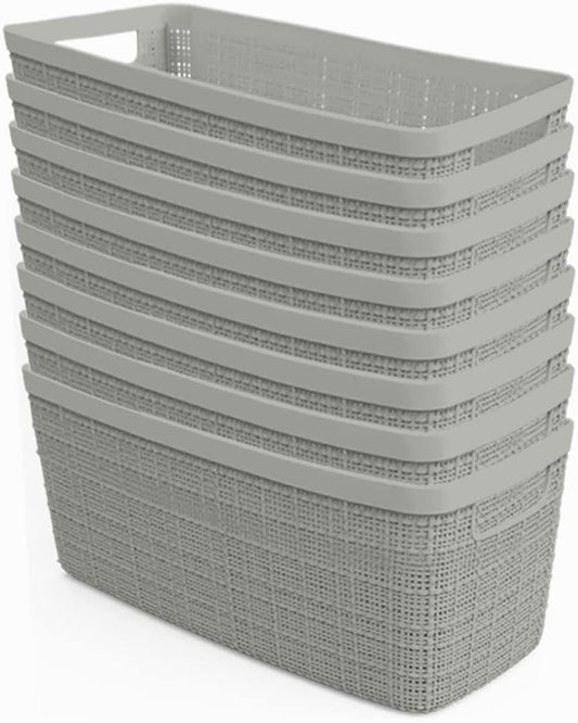 Curver Jute Decorative Plastic Organization and Storage Basket Perfect Bins for Home Office, Closet Shelves, Kitchen Pantry and All Bedroom Essentials, Set of 8 Grey