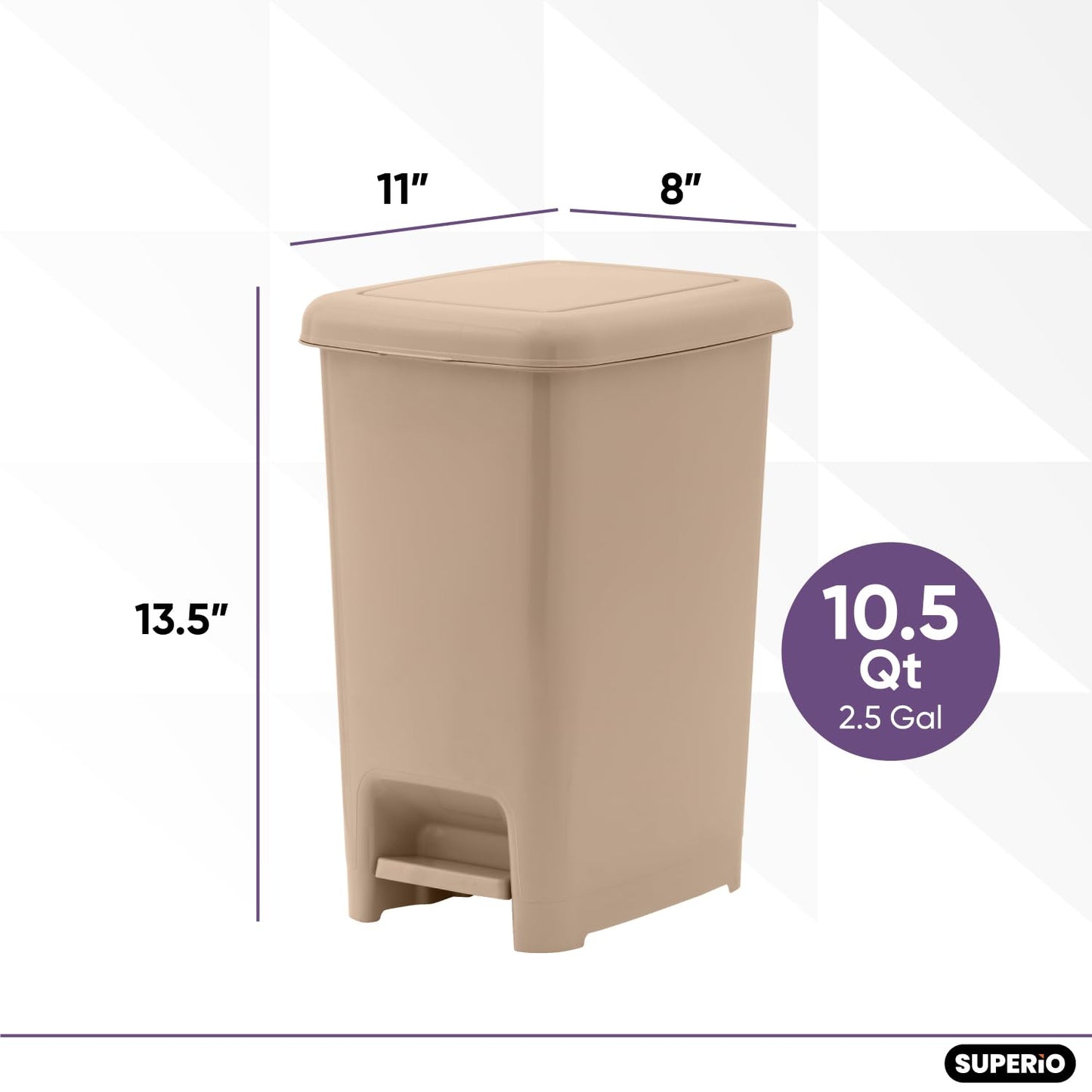 Superio Slim Step On Trash Can, Beige Waste Bin with Foot Pedal Lid 26 Liter, Kitchen, Under Desk, Office, Bedroom, Bathroom (2, 2.5 Gallon)