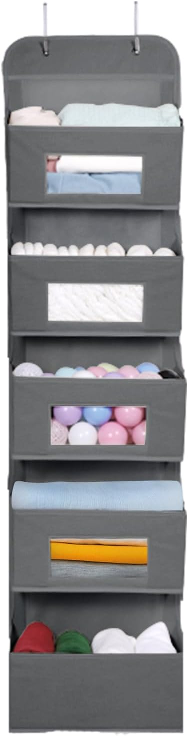 MAX Houser 5-Shelf Over The Door Hanging Organizer with 2 Metal Hooks, 5 Pocket Over The Door Wall Mount Storage with Clear Windows for Baby Nursery Bathroom Closet,Bedroom,Dorm,Diapers,Kids Toy(Gray)