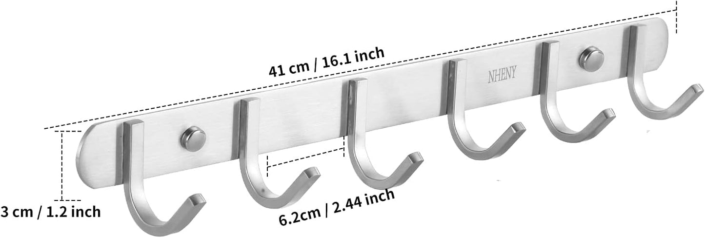 Coat Hook Wall Mount Towel Rack with 6 Hooks Hanger for Hanging Clothes, Bags, Keys, and Towels Bathroom, Entryway, Door, 304 Stainless Steel Brushed Nickel