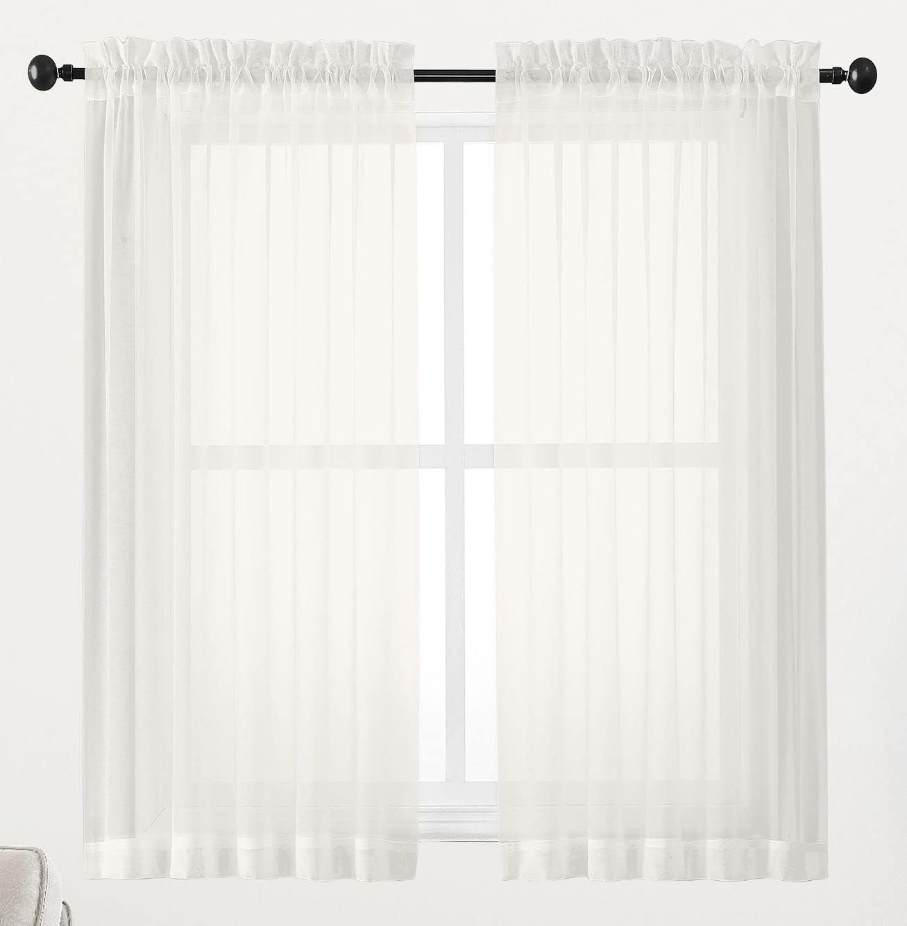 Chyhomenyc Ivory Sheer Window Curtain Panels 45 Inch, Set of 2, Light Filtering Solid Voile Curtains Drapes for Small Window/Living Room/Bedroom, Rod Pocket, 42W x 45L inches