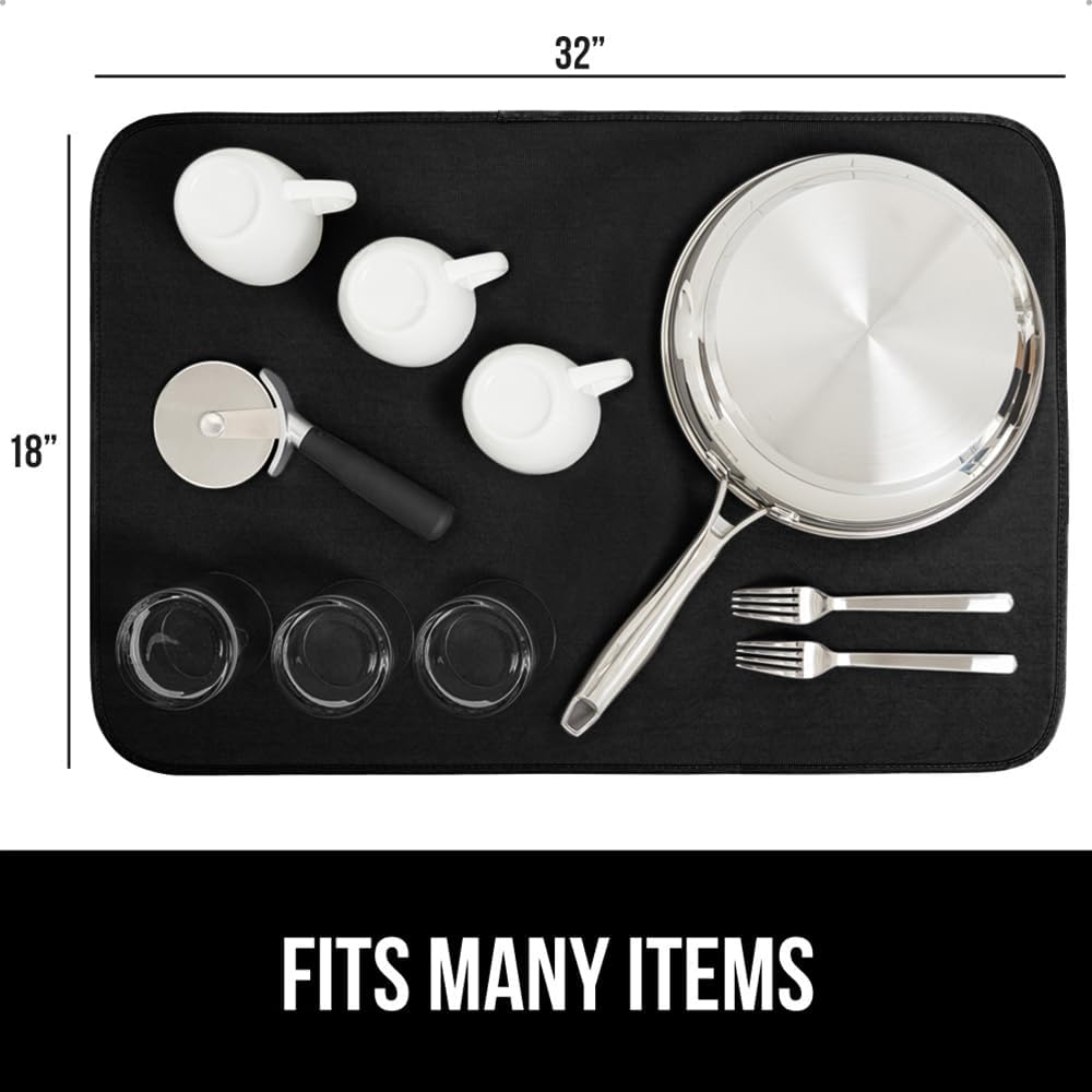 GORILLA GRIP Ultra Water Absorbent Microfiber Dish Drying Mat, 18x32, Quick Dry Thick Mesh, Slip Resistant Pad for Sink Dishes or Under Rack, Kitchen Counter Accessories, Machine Wash Mats, Black