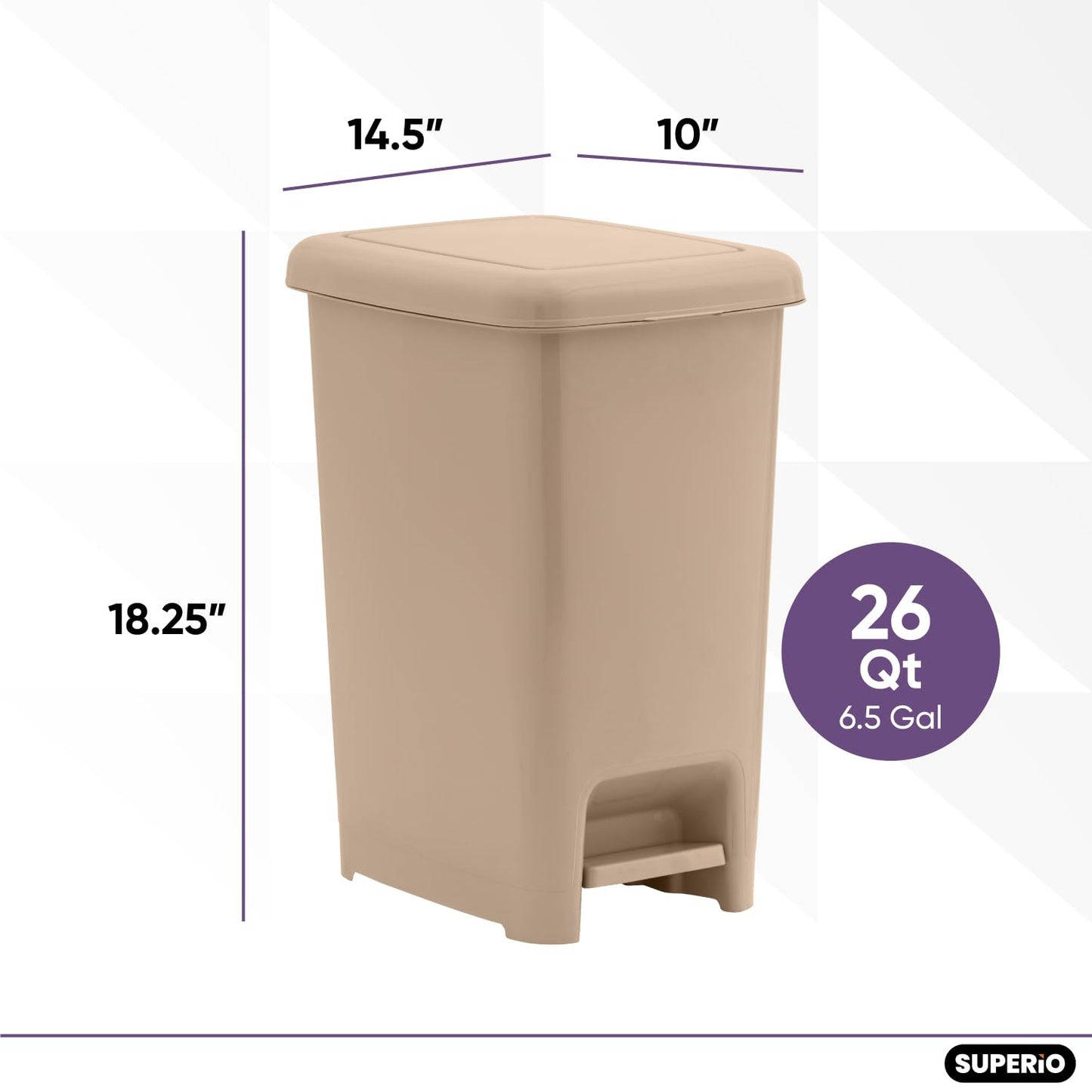 Superio Slim Step On Trash Can, Beige Waste Bin with Foot Pedal Lid 26 Liter, Kitchen, Under Desk, Office, Bedroom, Bathroom (1, 6.5 Gallon)