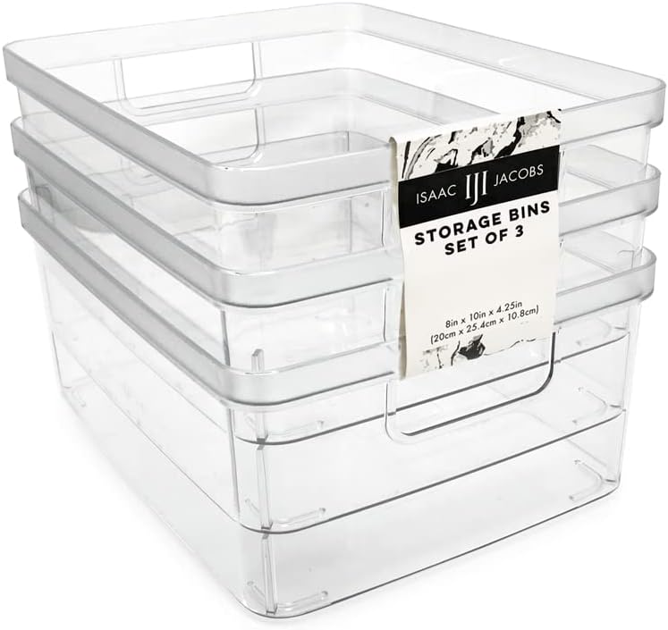 Isaac Jacobs 3-Pack Medium Clear Storage Bins (8” L x 10” W x 4.25” H) w/Cutout Handles, Plastic Organizer for Home, Office, Kitchen, Fridge/Freezer, Bathroom, BPA Free, Food Safe (3-Pack, Medium)