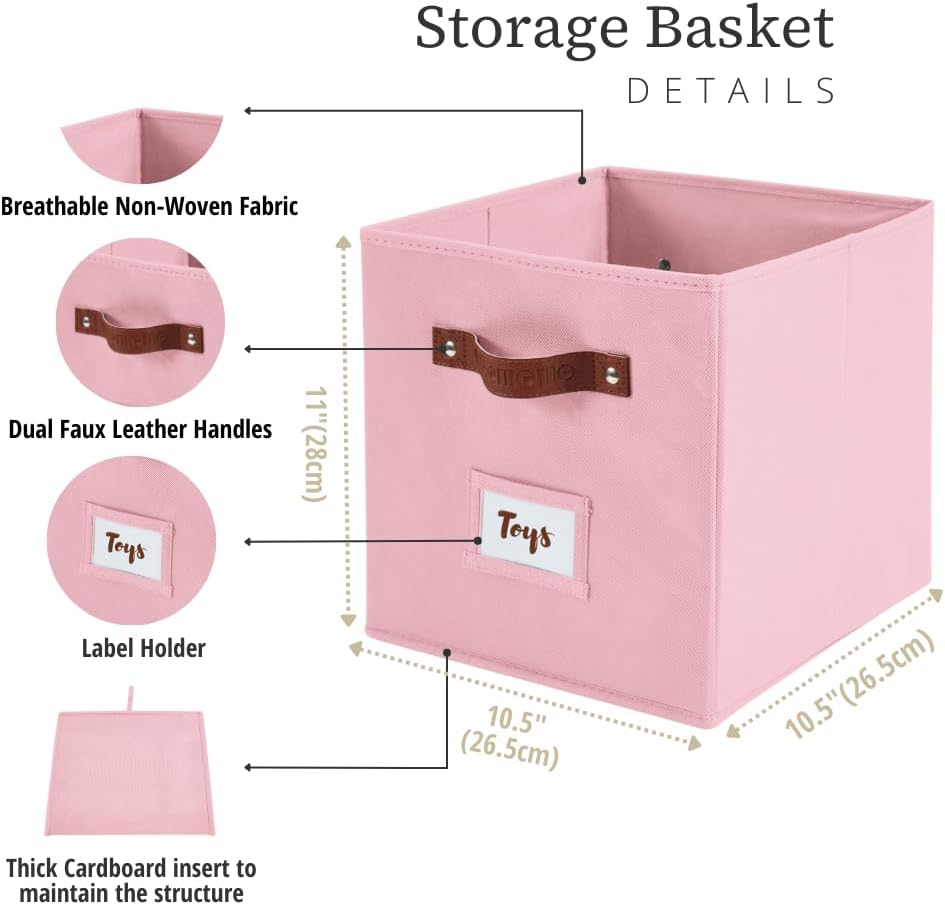 DECOMOMO Storage Bins, Cube Storage Bin with Labels, Fabric Storage Cubes for Shelves (10.5" x 11" / 6pcs, Pink)