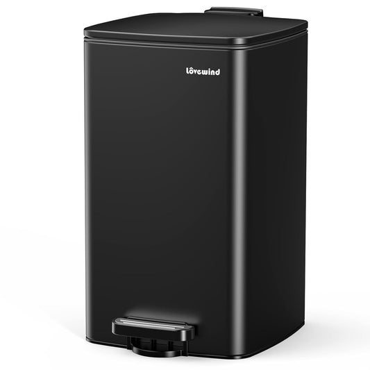 Lovewind Kitchen Trash Can with Lid, 8 Gallon/30 L Footstep Garbage Can for Kitchen Bedroom Home Office, 30 Liter Trash Bin Brushed Stainless Steel Waste Bin with Soft-Close Lid,Black