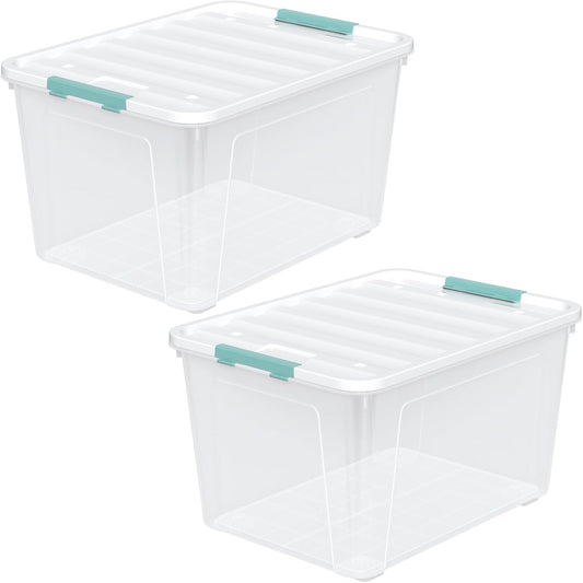 Zopnny 2-Pack Large Latching Box, 85 Quart Plastic Storage Bin with Lid, Stackable Totes w/Wheels, Clear