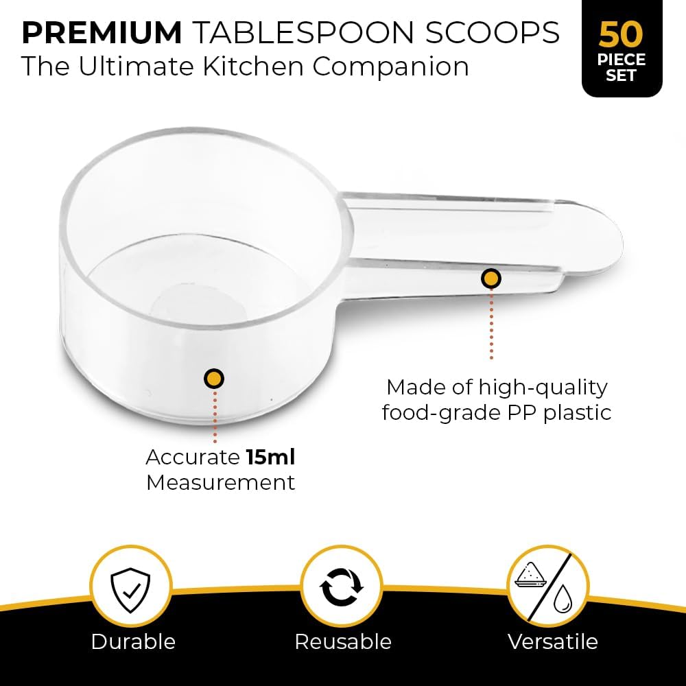 50 Pack Tablespoon Measuring Spoon Set with Short Handle Coffee Scoop - 1 Tablespoon (15 ML) Clear Plastic Scoops for Coffee, Loose Tea, Protein, Spices, Powders, and Other Dry Goods Bulk Value Pack