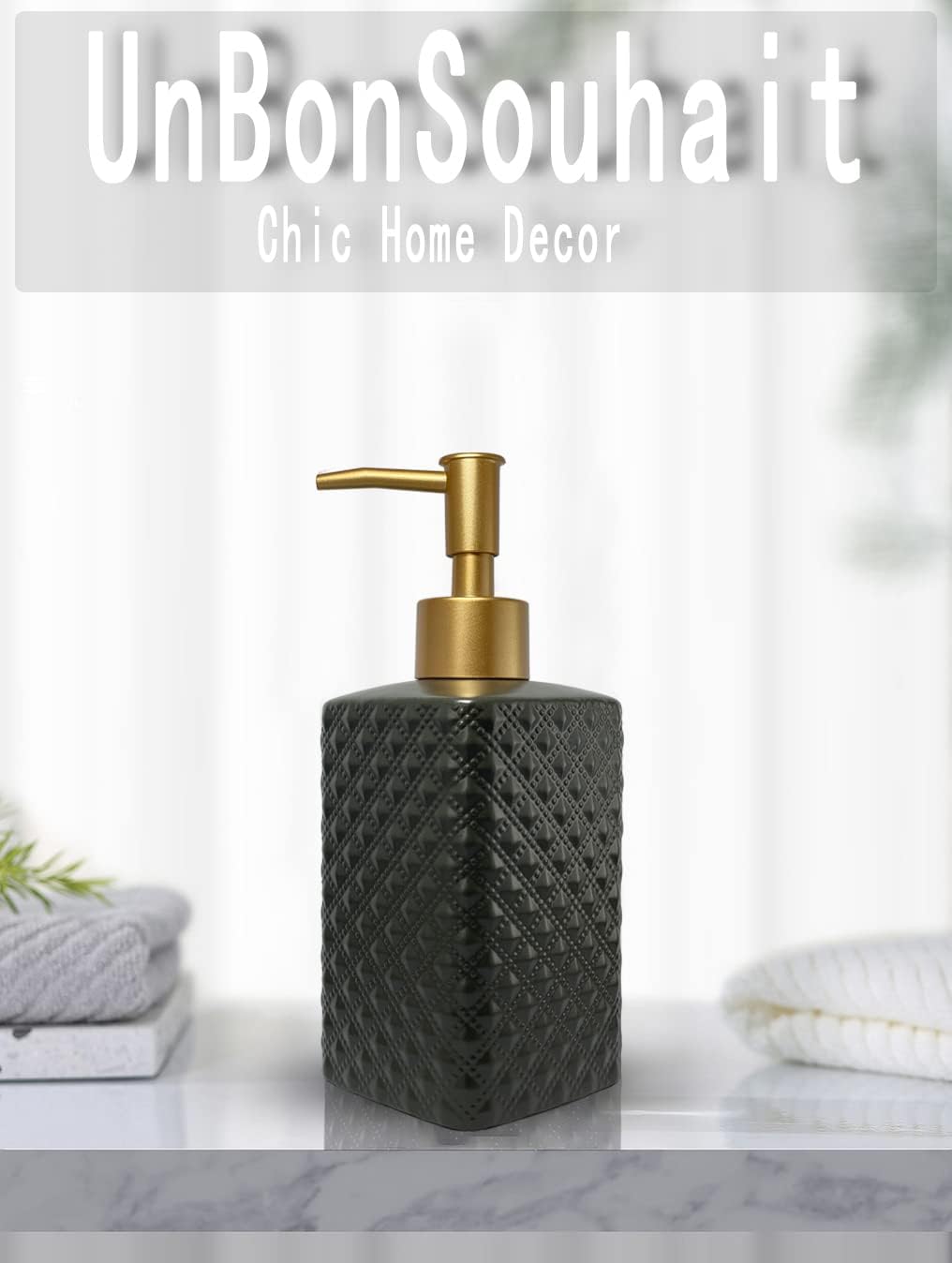 Gold Soap Dispenser for Bathroom,Black Square Lotion Dispenser, Refillable Countertop Ceramic Hand Soap Dispenser,Dish Soap Dispenser for Kitchen 350ml(Black Square Bottle)