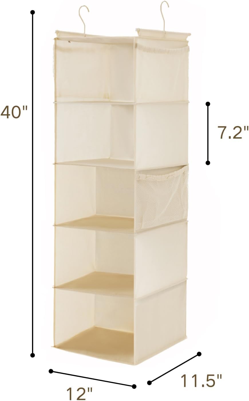 MAX Houser 5 Shelf Hanging Closet Organizer, Space Saver, Cloth Hanging Shelves with 4 Side Pockets, Foldable, Beige