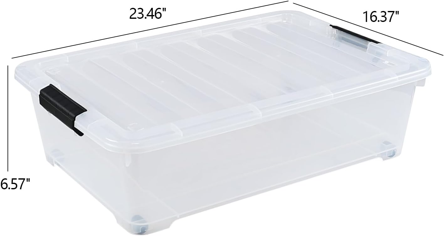 25 Quart Plastic Under Bed Storage Boxes, Wheeled UnderBed Storage Container, 3 Pack, Clear
