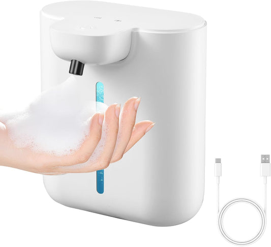 Automatic Soap Dispenser, 17oz/500ML Large Capacity Touchless Foaming Hand Soap Dispenser with 4 Foam Adjustments, Rechargeable for Kitchen, Bathroom, Wall Mount or Countertop Use (White)