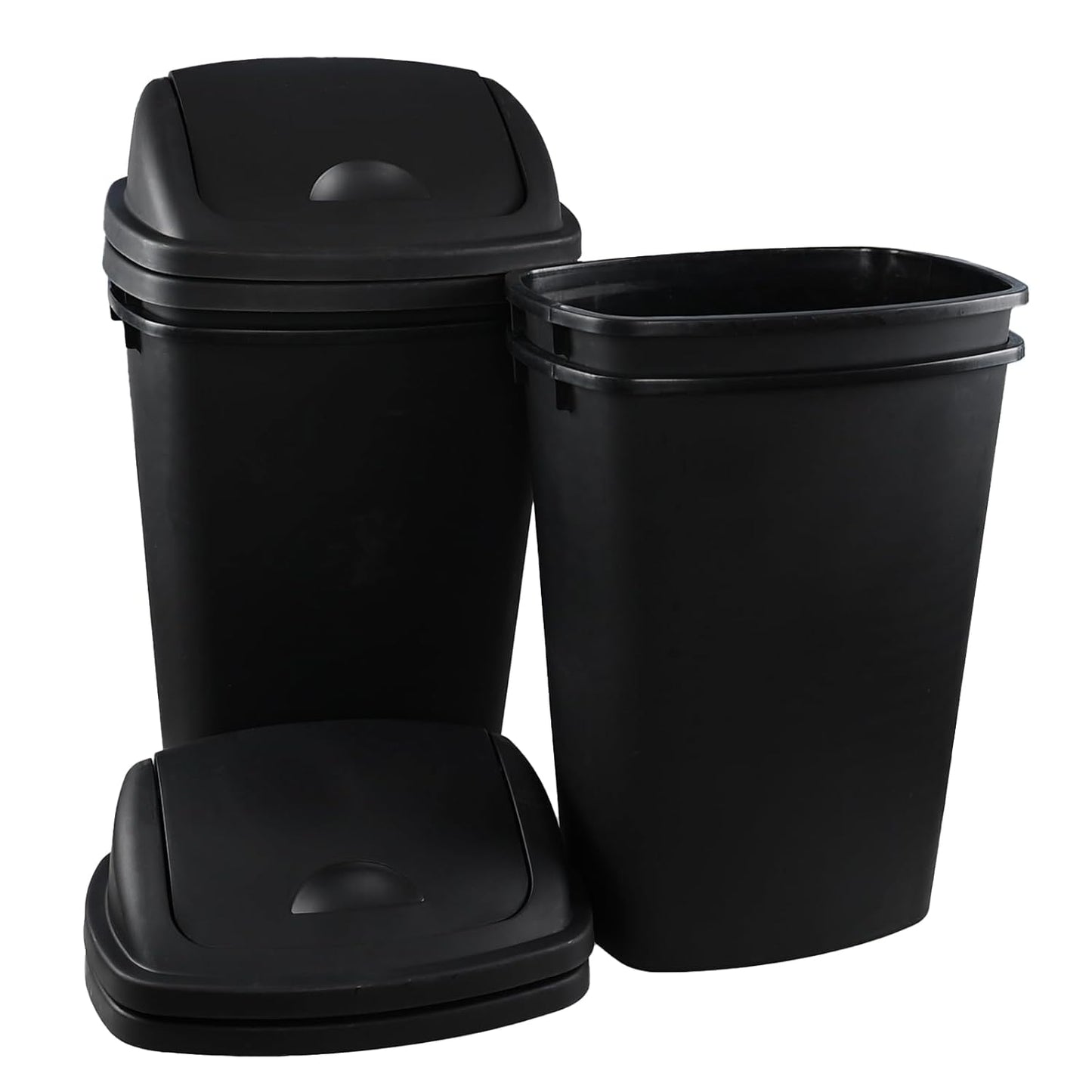13 Gallon Plastic Trash Can with Swing Top Lid, 4 Packs Swing Lid Garbage Bins, Black