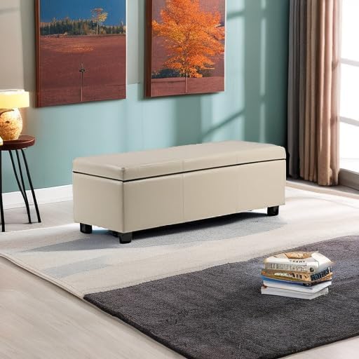 SIMPLIHOME Avalon 48 inch Wide Contemporary Rectangle Storage Ottoman Bench in Satin Cream Vegan Faux Leather, Assembled, for the Living Room, Entryway and Family Room