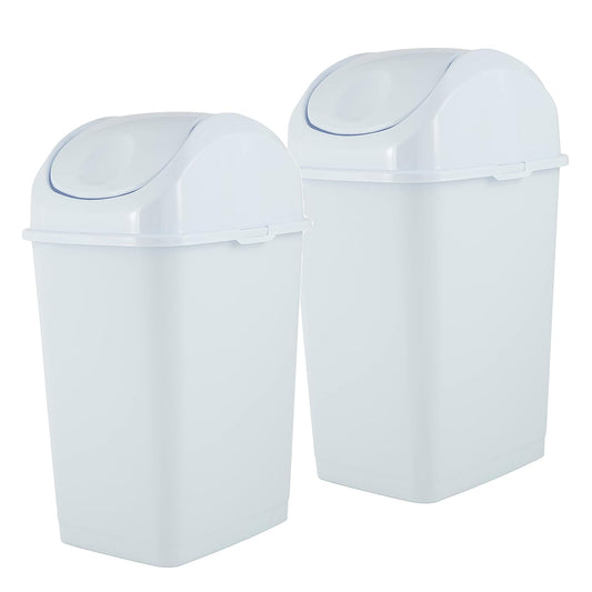 Superio Mini Desktop Trash Can with Swing Top Lid Portable Plastic Garbage Can for Countertop, Desktop, Make up Vanity, Bathroom, Car, Under Sink, Dorm, Compact Waste Bin 5 L 1.25 Gal (2, White)
