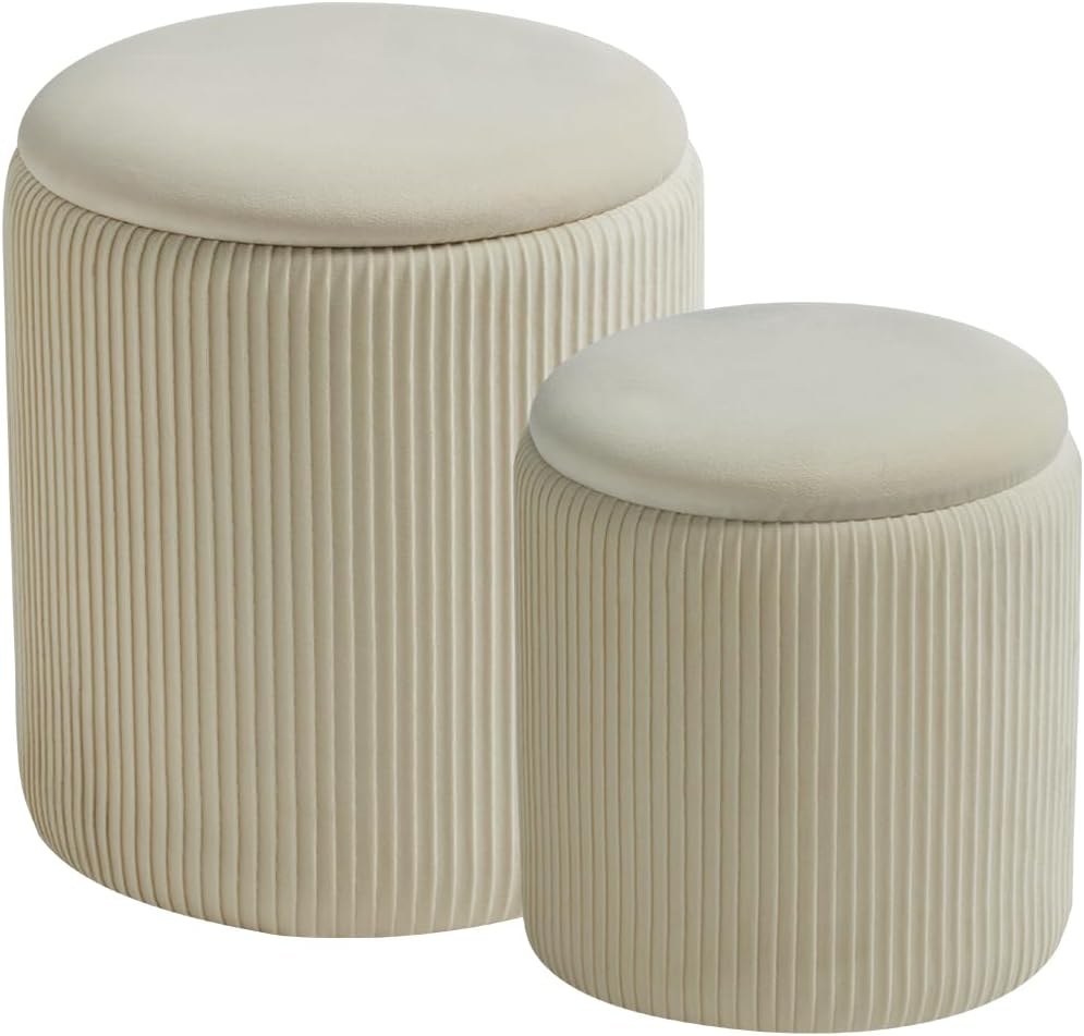 Round Set of 2 Ottoman with Storage-Upholstered Velvet Vanity Stool for Makeup Multifunctional Ottomans Coffee Table Padded Seat Foot Rest for Living Room&Bedroom（White）