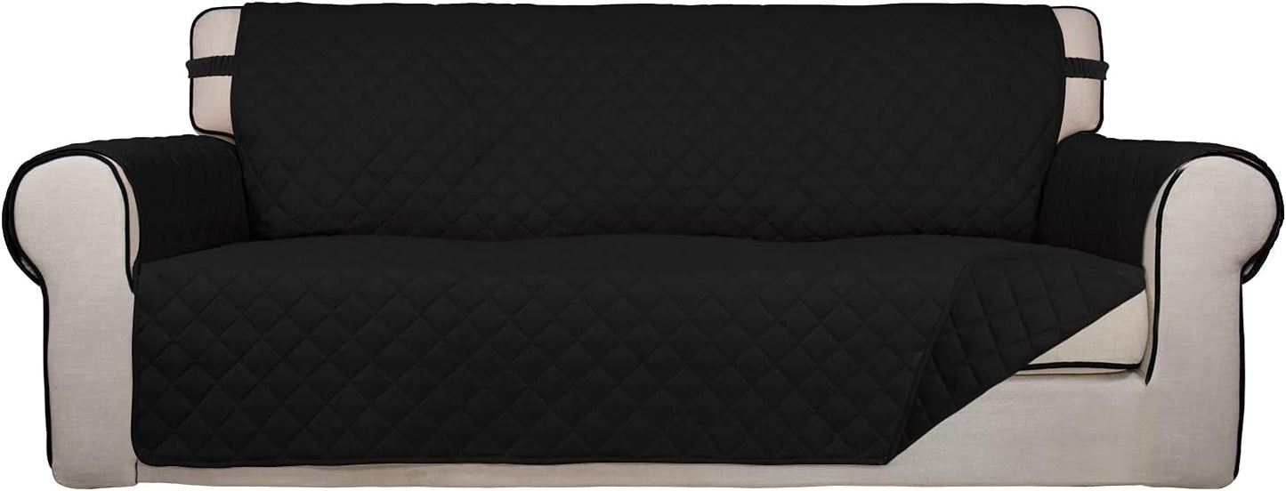 PureFit Reversible Quilted Sofa Cover, Water Resistant Slipcover Furniture Protector, Washable Couch Cover with Non Slip and Elastic Straps for Kids, Pets (Sofa, Black/Black)