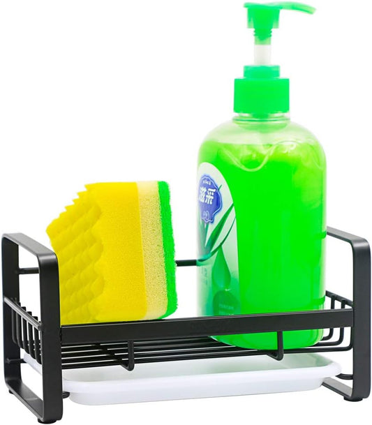 Sponge Holder with Drain Pan - Kitchen Sink Organizer - Sink Caddy Holder - Sink Tray - Soap Holder - Stainless Steel (Black)