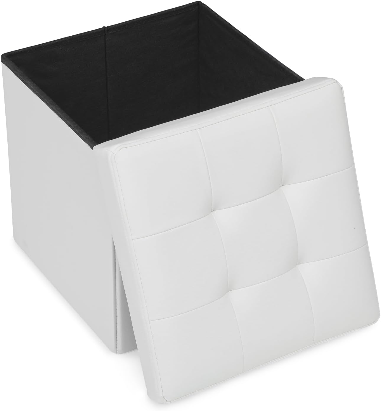 Athena Collection 15" Storage Ottoman Bench Folding Bench with 40L Hidden Storage, Small Cube Ottoman PU Leather Foot Rest Stool Chest with Flipping Lid for Living Room, Bedroom, Entryway, White