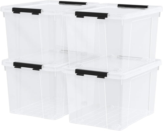 4 Pack Large Clear Plastic Storage Bins with Latching Lids, 50 Quart Plastic Storage Container with Wheels, Clear
