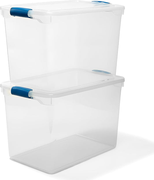 HOMZ 2-Pack Latching Lid, Clear Plastic Storage Organizer Bins, 112 Quart, Blue Latch - Stackable Organizing Containers for Home, Garage, and Office