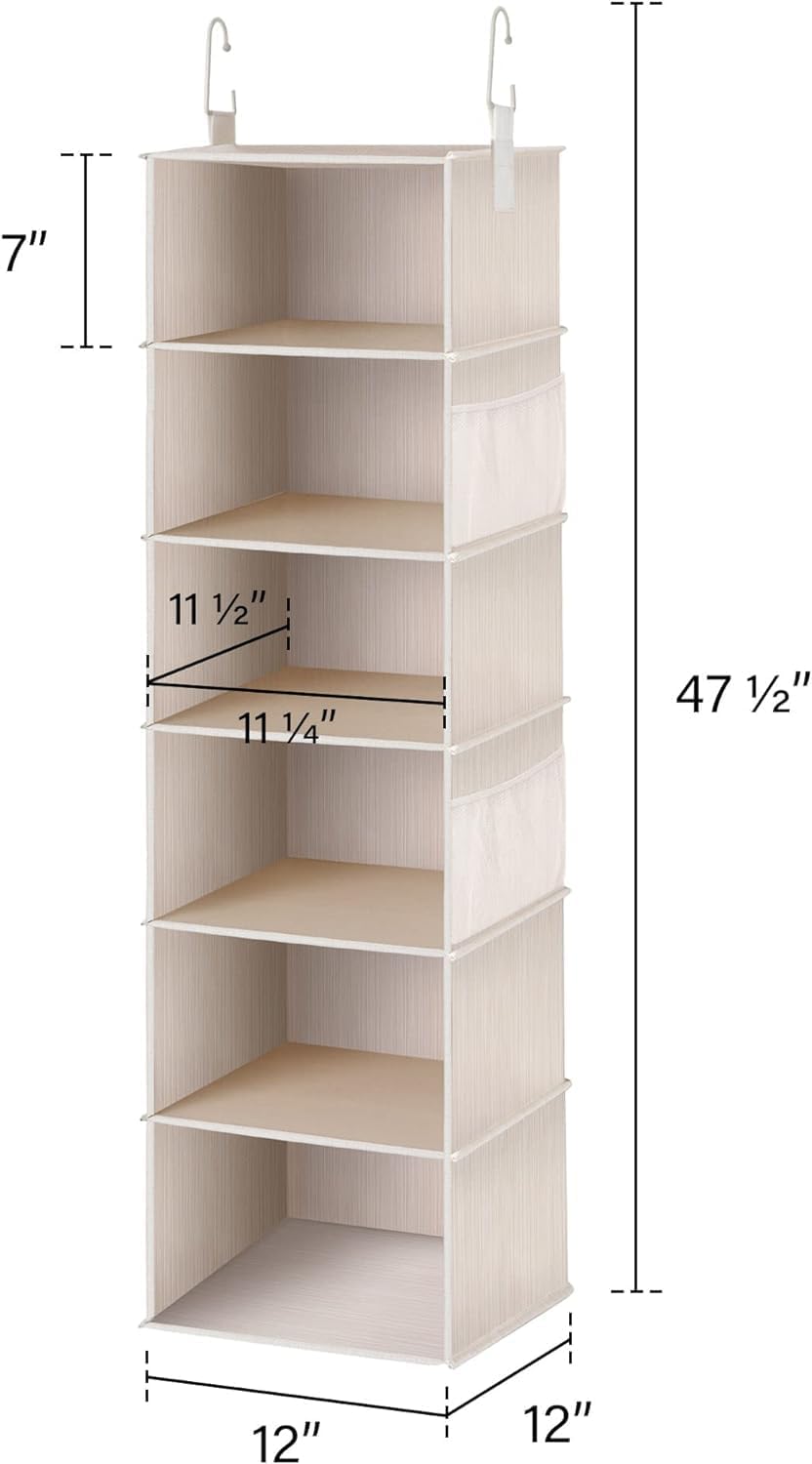 StorageWorks 6-Shelf Hanging Closet Organizer, Hanging Shelves for Closet, Fabric, Mixing of Beige, White & Ivory, 12" D x 12" W x 47 1⁄2" H