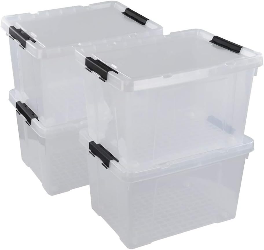 Pekky 50 Quart Clear Storage Containers/Bins with Lid，Wheels and Latching Handles, Large Rolling Storage Plastic Box Tote(4Packs)