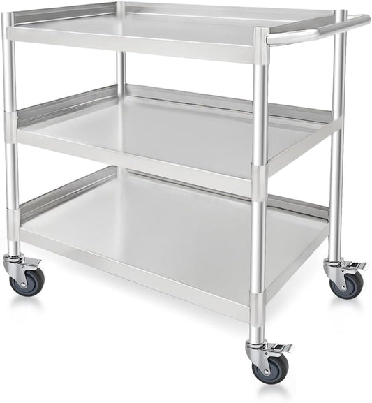 3-Shelf Stainless Steel Rolling Utility Cart - Heavy-Duty Metal Mobile Storage with Handle & Locking Wheels - Ideal for Kitchen, Medical, Lab, Restaurant & Home Use (16''x24''x34'')
