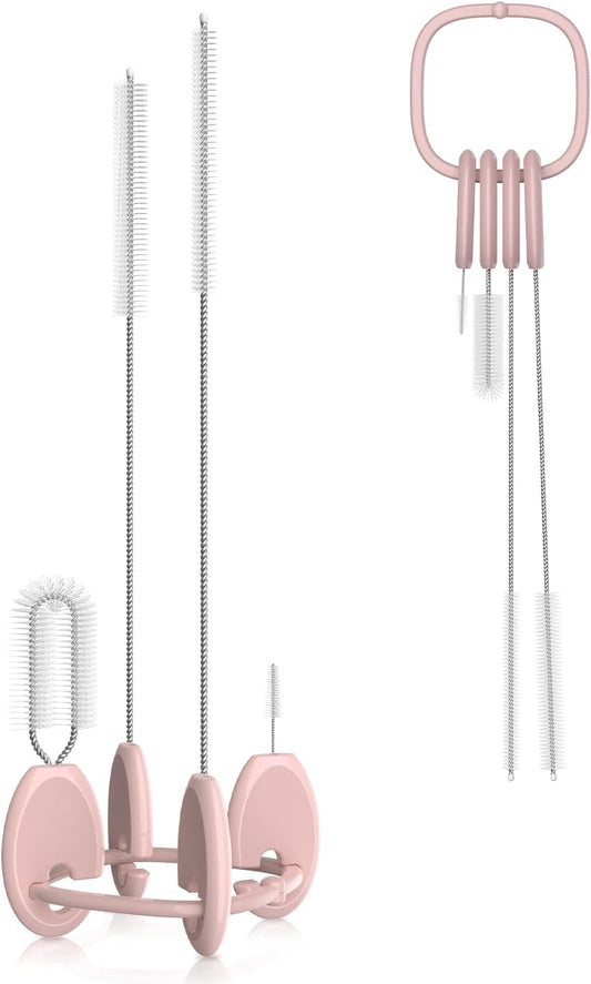YOTIME Standing Straw Cleaner Brush Set, 4in1 Reusable Straw Brushes with Holder Ring, for Wide and Narrow Straws, Tumblers, Water Bottles and Cups, Pink