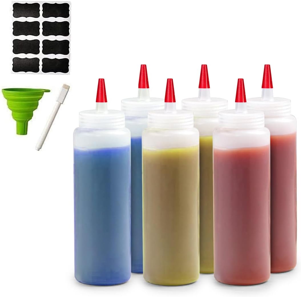 6-Pack Condiment Squeeze Bottles for Sauces - Includes Funnel, Erasable Marker & Reusable Labels, Perfect for Salad Dressings, Liquids, and Ketchup, Durable Plastic 16 oz Bottles