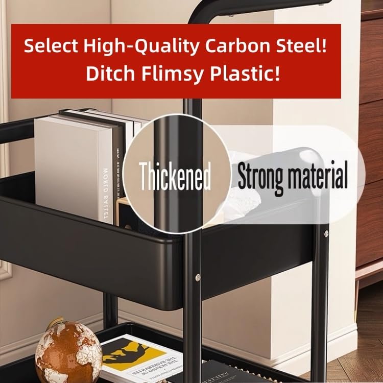 3 Tier Metal Rolling Utility Cart Organizer with Walnut Table Top, Stable and Sturdy Rolling Storage Carts with 2 Lockable Wheels for Kitchen，Bathroom，Snacks，Coffee，Craft，Makeup，Baby Essentials