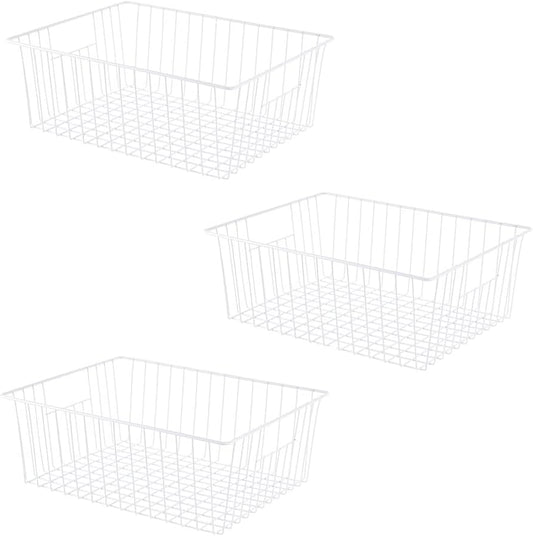 16" L x 12" W Wider Freezer Storage Organizer Baskets Container, Metal Wire Chest Upright Refrigerator Divider Bins with Built-in Handles for Cabinet, Pantry, Closet, Kitchen（3 Pack）