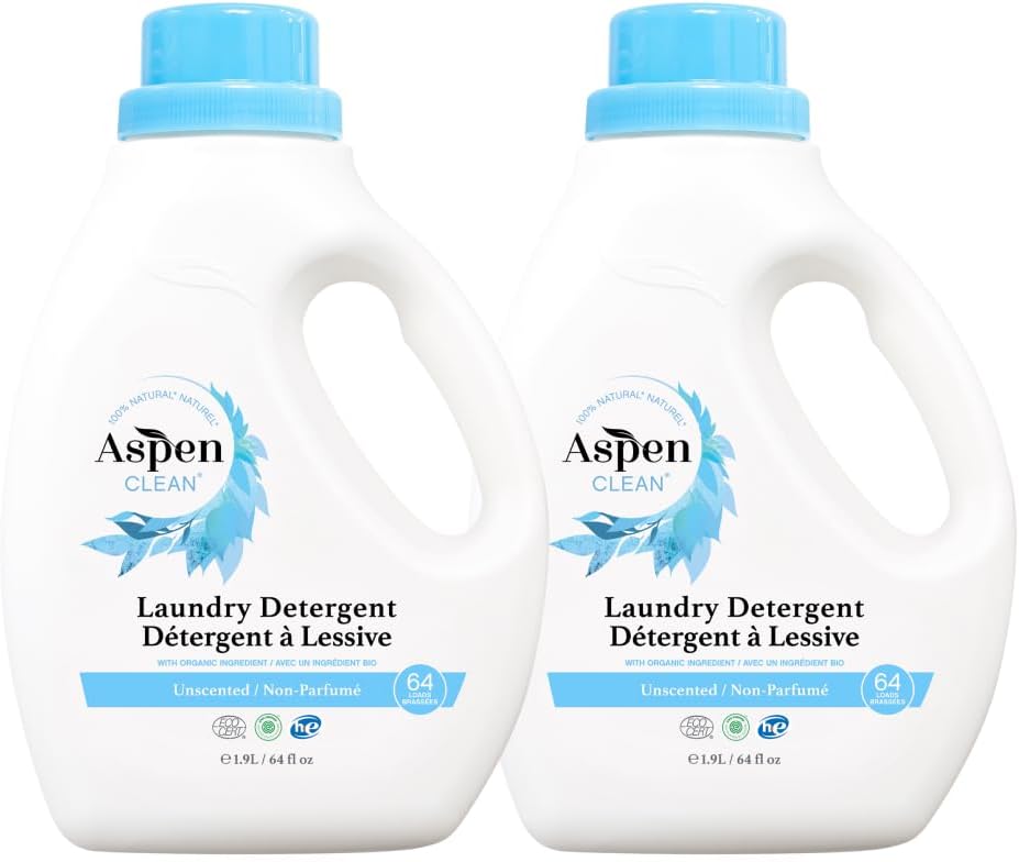 AspenClean Natural Laundry Detergent Unscented - 100% Natural, Organic, HE Liquid Laundry Detergent- Vegan, Non-Bio, Cruelty-Free, Biodegradable - Safe for Babies, Pets & Kids - EWG Certified (2 pack)