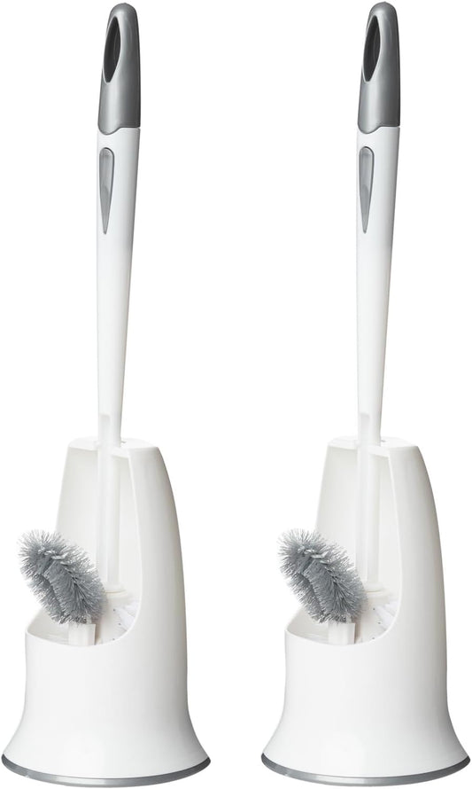 2 Pack Toilet Bowl Brush with Holder for Bathroom, Under-Rim Double Brush Head, Long Handle Household Cleaning Brushes Set (2 Pack Grey Brush with Holder)
