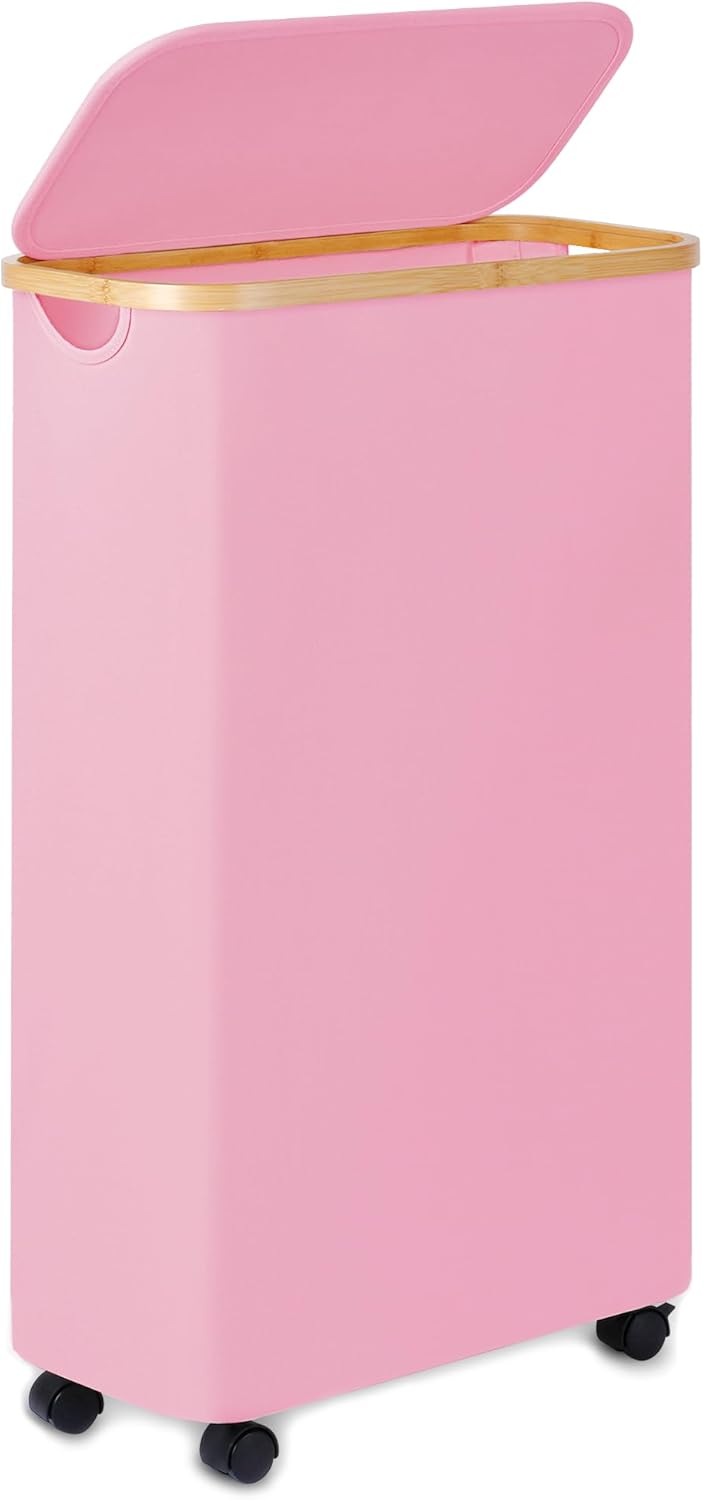 60L Slim Laundry Basket with Wheels,Narrow Hampers for Laundry,Freestanding Laundry Hamper with Lid&Bamboo Handles,Collapsible & Waterproof Tall Cloth Hamper for Dorm Family(Pink)