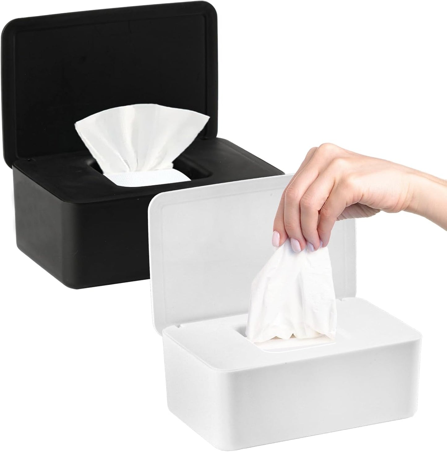 2Pcs Diaper Wipes Dispenser, Refillable Wipe Container, Wipe Container with Sealing Design Lid, Keep Wipes Fresh,Wet Wipes Cases (White/Black)