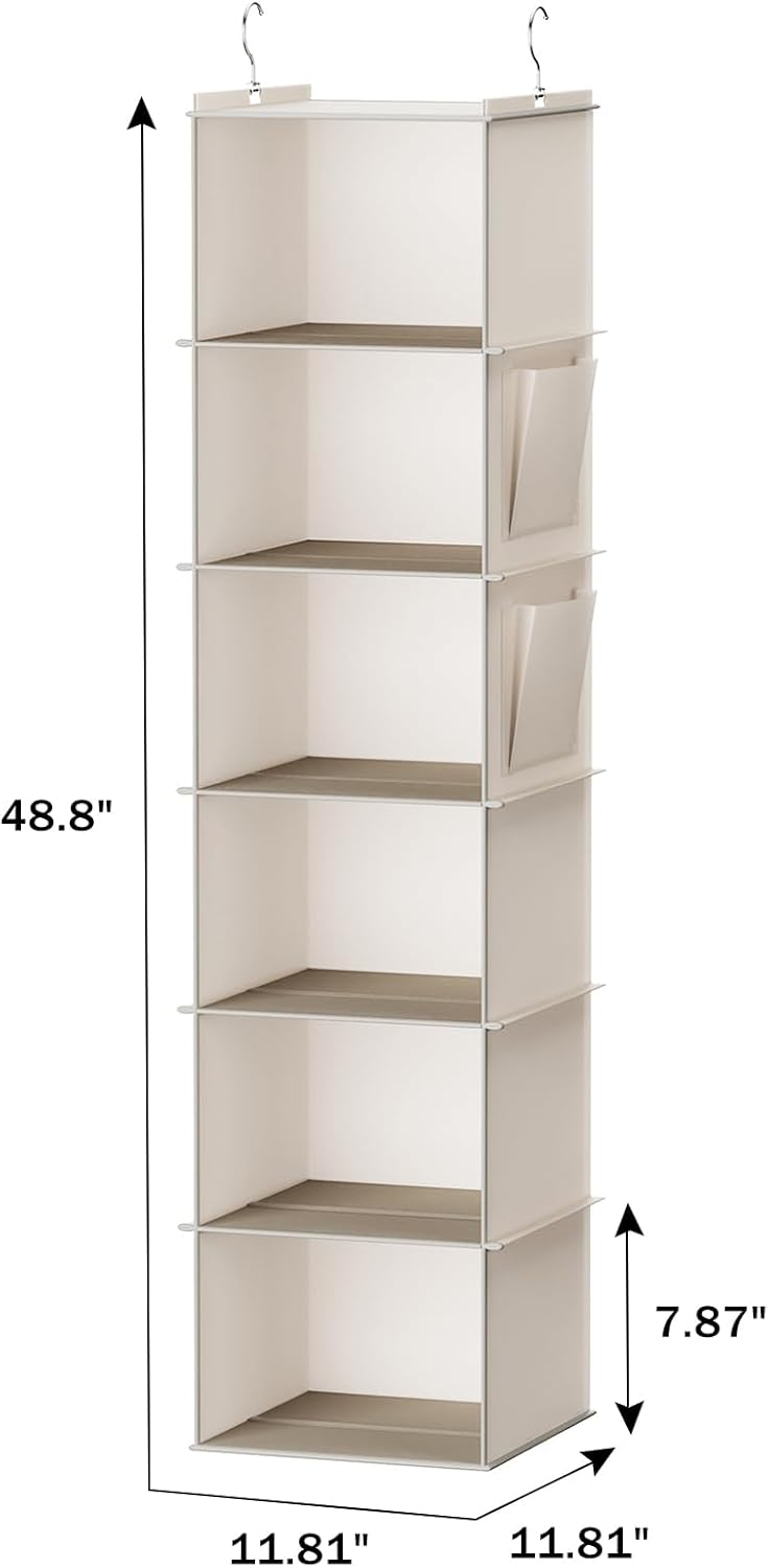 YOUDENOVA Hanging Closet Organizer, 6-Shelf Closet Hanging Storage with Side Pockets, Beige