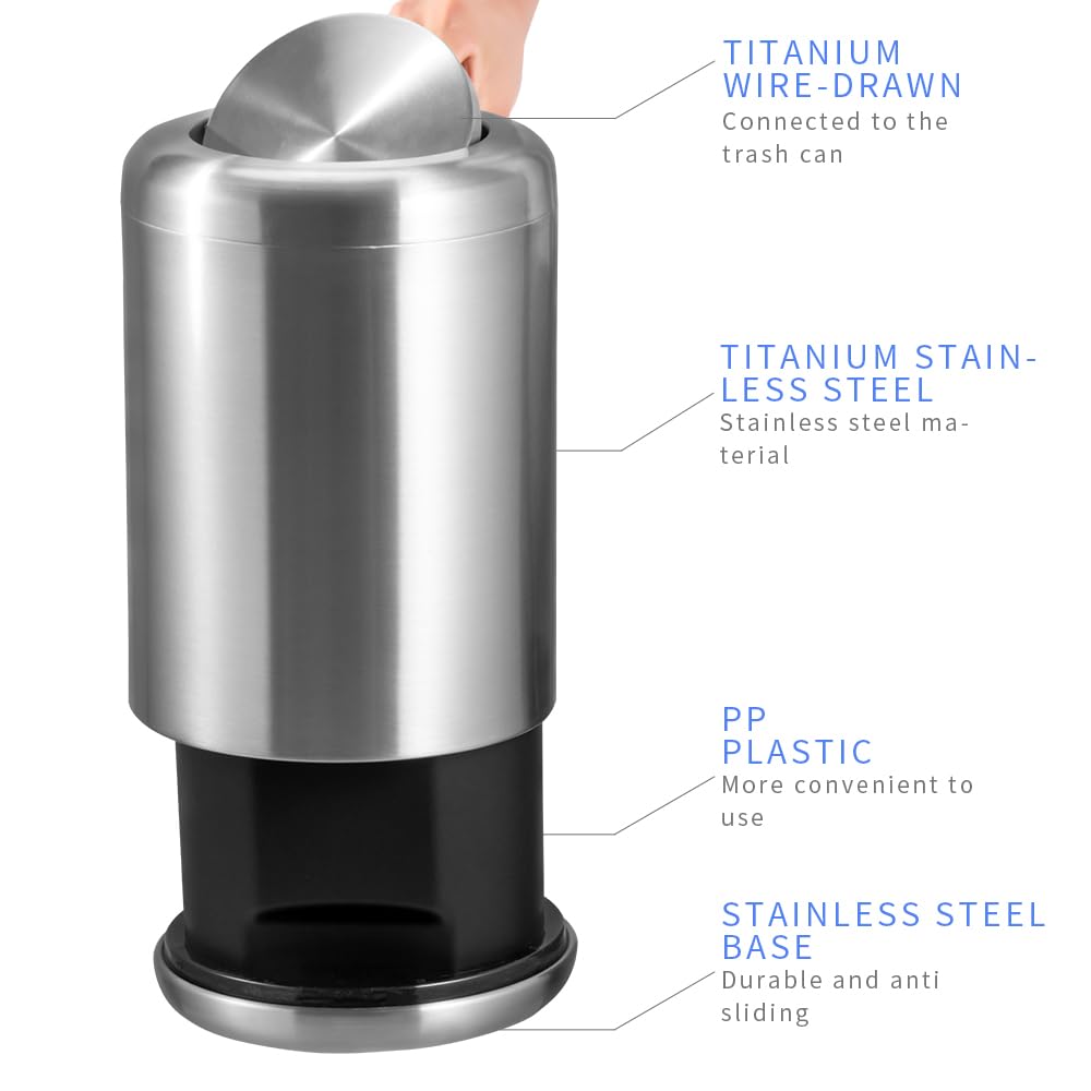 Waste Can 3 Gallon with Swing Lid，Brushed Stainless Steel Trash Can，Metal Cylindrical Garbage Can，Brass Wastebasket Bin for Bathroom,LivingRoom,Office,Kitchen,Bedroom,Hotel (Sliver)