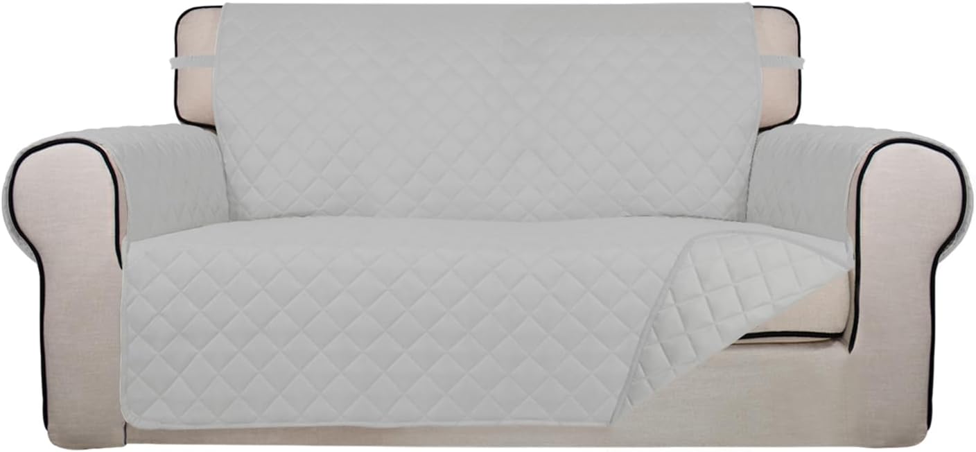 PureFit Reversible Quilted Sofa Cover, Water Resistant Furniture Protector, Washable Couch Cover with Non Slip and Elastic Straps for Kids, Dogs, Pets (Oversized Loveseat, Light Gray/Light Gray)