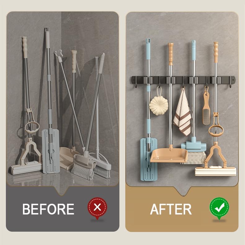 Amouy Broom Holder Wall Mount Mop(2 Racks with 3 Hooks),Garden Tool Storage Tool Rack Storage & Organization for the Home Plastic Hanger for Closet Garage Organizer