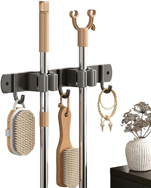 Amouy Broom Holder Wall Mount Mop(2 Racks with 3 Hooks),Garden Tool Storage Tool Rack Storage & Organization for the Home Plastic Hanger for Closet Garage Organizer