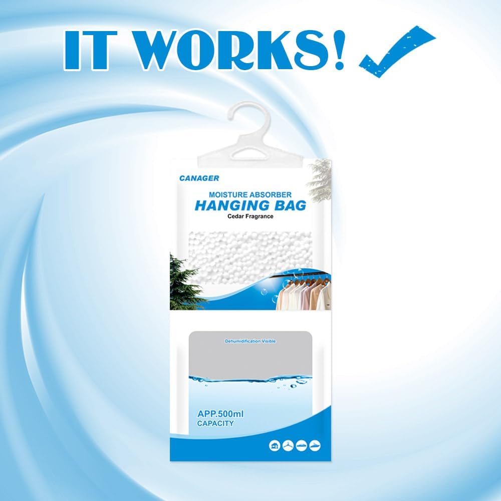 CANAGER Hanging Moisture Absorber,Cedar Fragrance Moistureproof Hanging Bag, Dehumidifier Bag (8 packs) Hanging Closet Dehumidifier Bags, Moisture Absorb 12.5 oz.