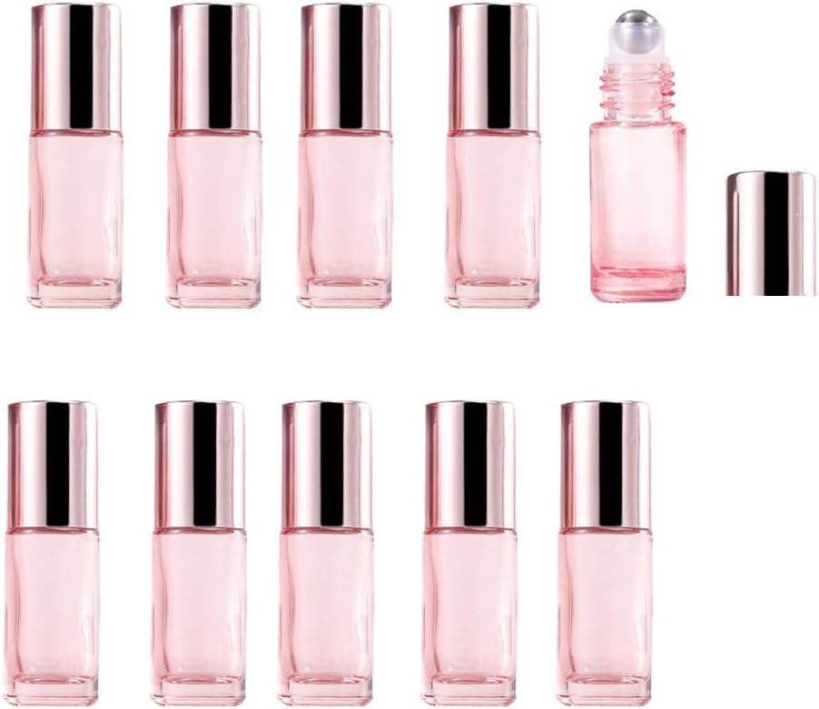 10 Pack Glass Essential Oil Roller Bottle,10ml Pink GlassRoller Bottles with Stainless Steel Roller Balls,Refillable Massage Roller Bottle Perfume Bottles for Travel