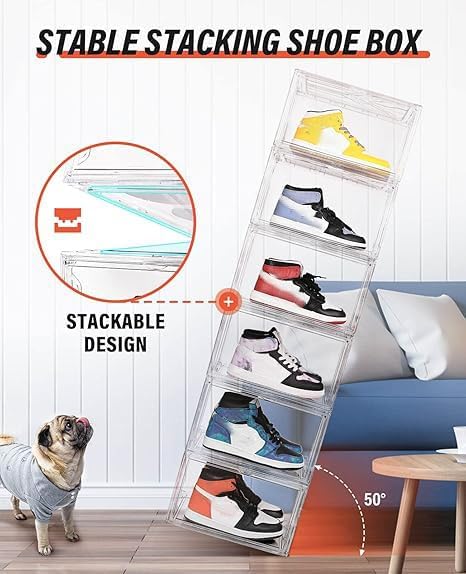KDOR Clear Plastic Shoe box Organizer, 3 Pack Stackable Sneaker Boxes, Transparent Display Case with Magnetic lid, Tidy Home & Office Closet Storage